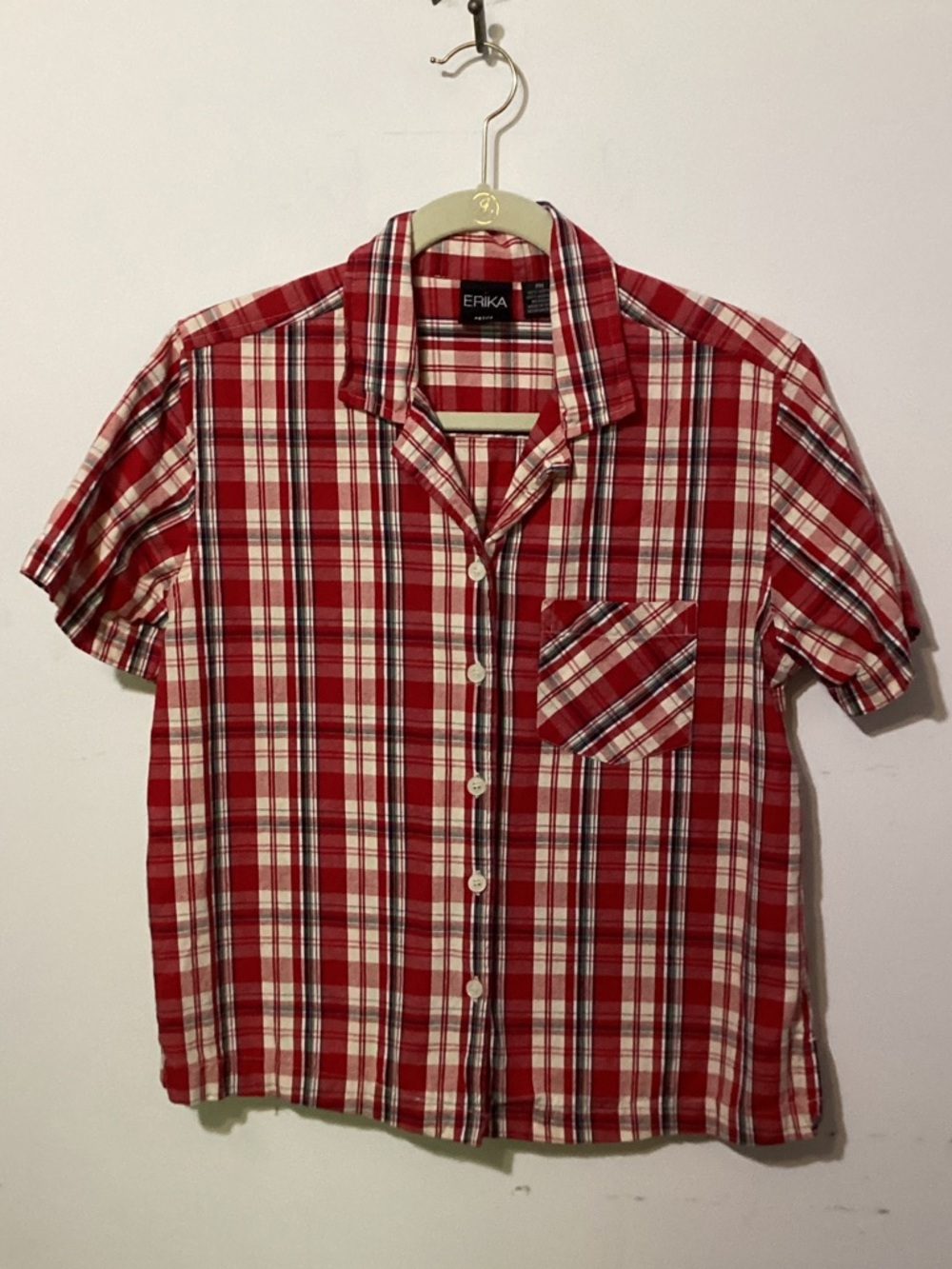 Vintage Y2K Erika Petite Med Red Plaid 100% Cotton Short Sleeve Button Down